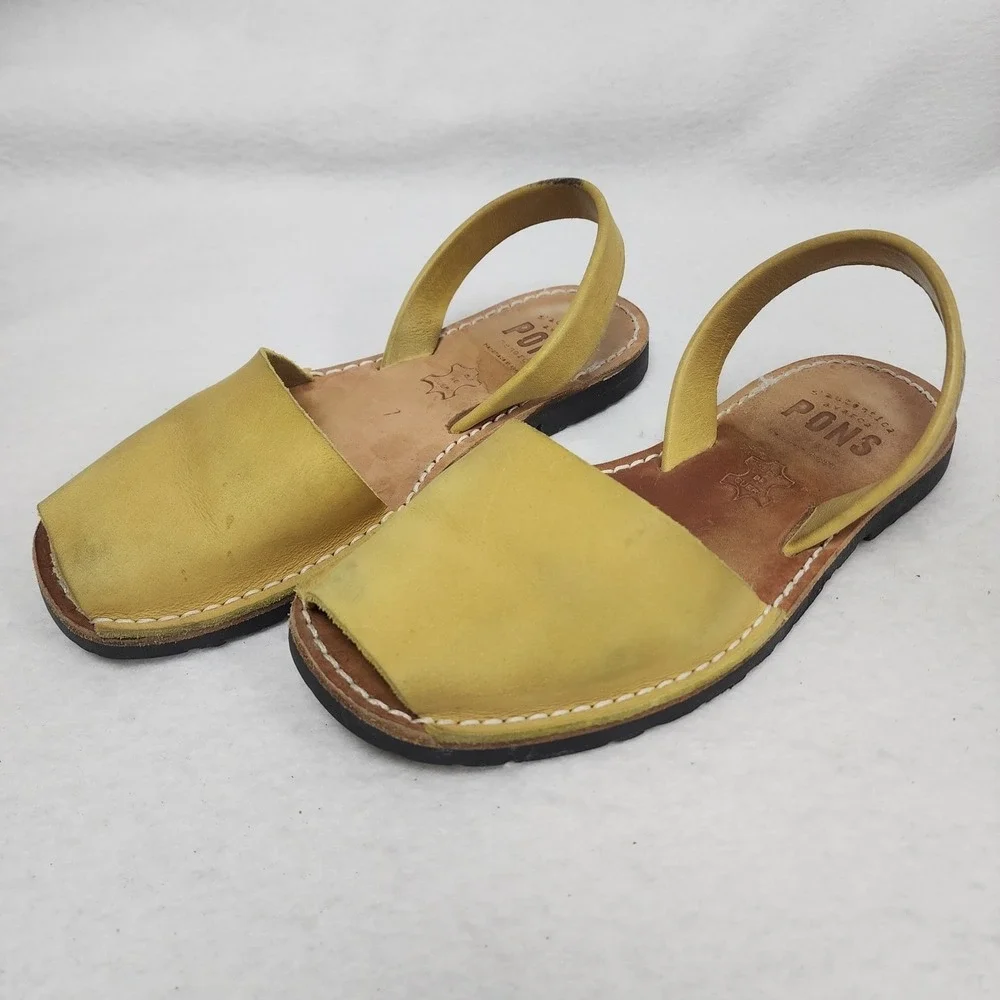Pons Avarca Menorca Womens US 7 Sandals Yellow Leather Casual Slingback Flats